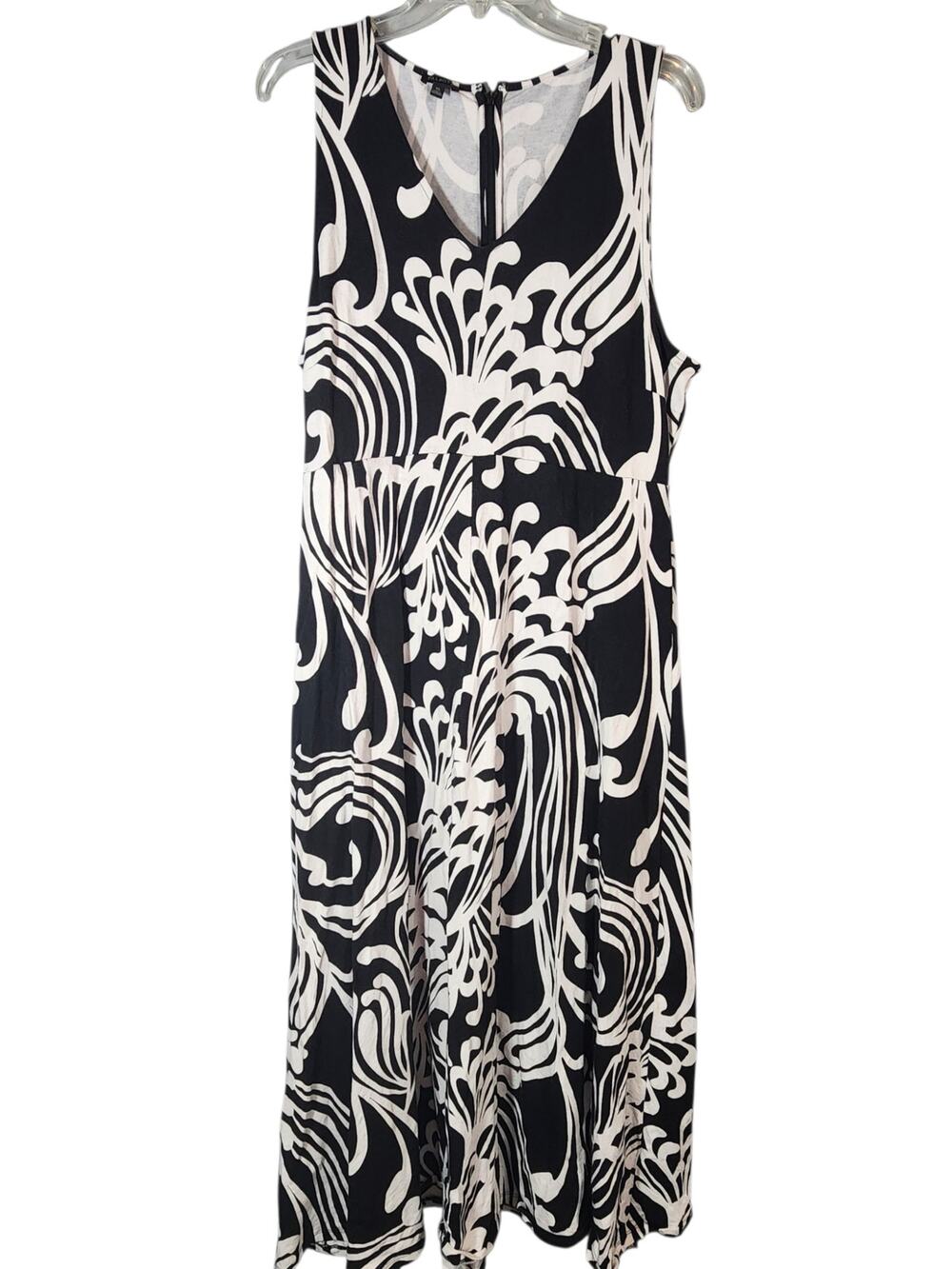 Talbots XL Black White Floral Scroll Print Sleeveless Midi Dress Stretch